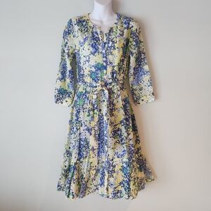 Floral Blue and Yellow Midi Dress with Tie Waist